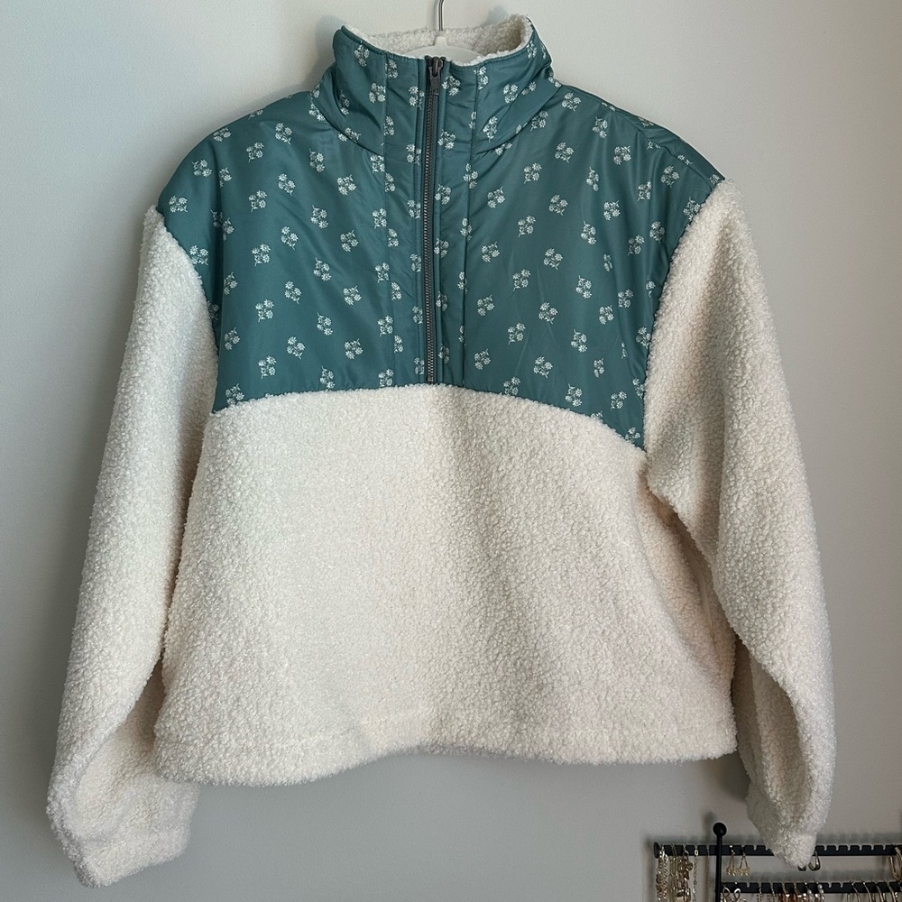 Floral Teal/Green and Cream Sherpa Pullover